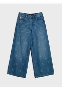 Sinsay - Jeansy wide leg z efektem sprania Hello Kitty - granatowy. Kolor: niebieski. Wzór: motyw z bajki #1