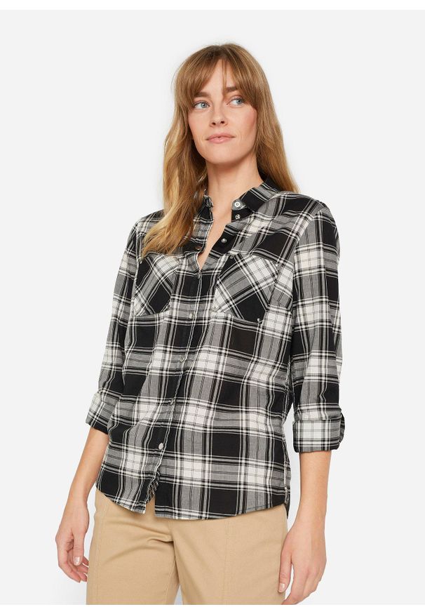bonprix - Bluzka bawełniana w kratę. Kolor: czarny. Materiał: bawełna