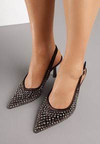 Renee - Brązowe Szpilki Slingback Ozdobione Cyrkoniami Benikke. Zapięcie: sprzączka. Kolor: brązowy. Wzór: aplikacja. Obcas: na szpilce. Styl: klasyczny, elegancki #6