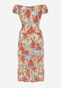 Renee - Różowo-Beżowa Sukienka Midi z Krótkim Rękawem z Wiskozy w Kwiaty Emena. Kolor: różowy. Materiał: wiskoza. Długość rękawa: krótki rękaw. Wzór: kwiaty. Sezon: lato. Typ sukienki: rozkloszowane. Długość: midi #4