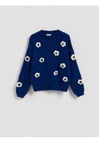 Reserved - Sweter z kwiatową aplikacją - granatowy. Kolor: niebieski. Materiał: wełna, dzianina. Wzór: aplikacja, kwiaty