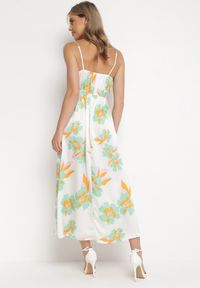 Born2be - Biało-Zielona Maxi Sukienka na Regulowanych Ramiączkach Ozdobiona Metalowym Kółkiem przy Dekolcie Leamia. Kolor: biały. Długość rękawa: na ramiączkach. Wzór: aplikacja. Długość: maxi #4