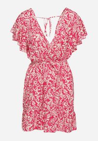 Born2be - Fuksjowa Rozkloszowana Bawełniana Sukienka z Gumką w Talii i Falbanami Nelsea. Okazja: na co dzień, na randkę. Typ kołnierza: dekolt w kształcie V. Kolor: różowy. Materiał: bawełna. Długość rękawa: krótki rękaw. Typ sukienki: rozkloszowane. Styl: casual, wizytowy #4