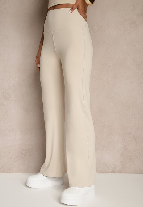 Renee - Beżowe Legginsy High Waist z Szeroką Gumką w Pasie Idalania. Okazja: na co dzień. Stan: podwyższony. Kolor: beżowy. Styl: elegancki, casual