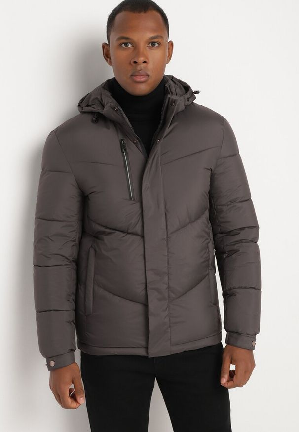 Born2be - Ciemnoszara Pikowana Kurtka z Odpinanym Kapturem Asintivra. Okazja: na co dzień. Kolor: szary. Materiał: jeans. Styl: casual, elegancki, klasyczny