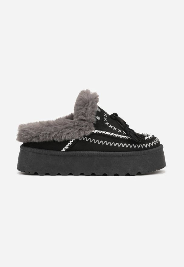 Born2be - Czarne Śniegowce na Grubej Podeszwie z Haftem i Futerkiem Ezilune. Kolor: czarny. Materiał: futro. Wzór: haft. Sezon: zima. Styl: klasyczny