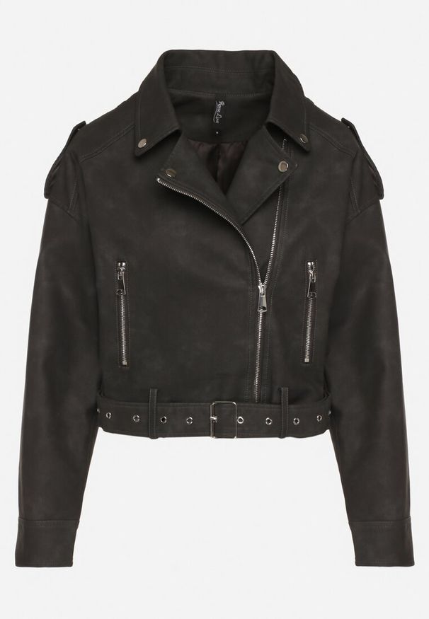 Born2be - Czarna Kurtka Ramoneska z Ozdobnym Paskiem Sesanoria. Okazja: na co dzień. Kolor: czarny. Materiał: jeans. Długość rękawa: długi rękaw. Długość: krótkie. Styl: casual, elegancki, rockowy