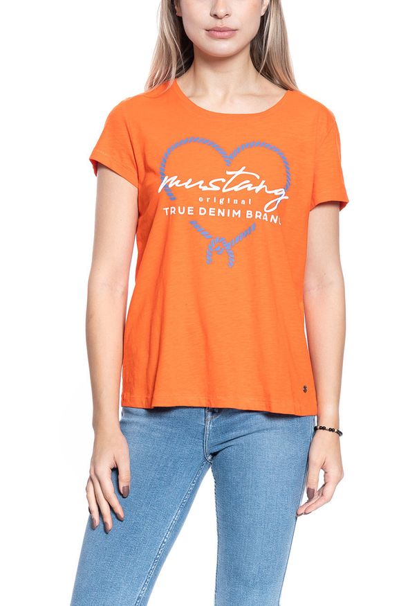 Mustang - T-SHIRT DAMSKI MUSTANG ALINA C PRINT ORANGE 1009835 7096. Wzór: nadruk