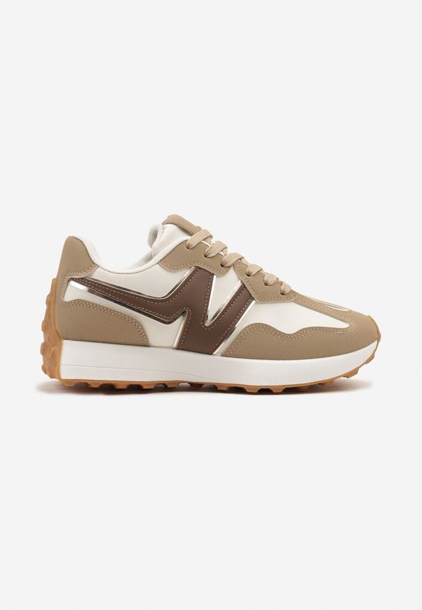 Born2be - Ciemnobeżowe Sneakersy Ozdobione Geometryczną Aplikacją Jenilitia. Nosek buta: okrągły. Zapięcie: sznurówki. Kolor: beżowy. Materiał: materiał. Wzór: aplikacja, geometria. Obcas: na obcasie. Wysokość obcasa: niski