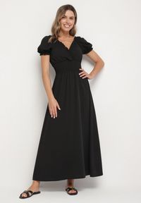 Born2be - Czarna Sukienka Ozdobiona Bufkami Dolinossa. Okazja: na co dzień. Kolor: czarny. Wzór: aplikacja. Sezon: lato. Styl: casual #1