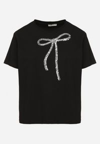Born2be - Czarny T-shirt Oversize z Bawełny Zdobiony Kokardą z Cekinów Tenesela. Okazja: na co dzień. Typ kołnierza: kokarda. Kolor: czarny. Materiał: bawełna. Wzór: aplikacja. Styl: casual #4