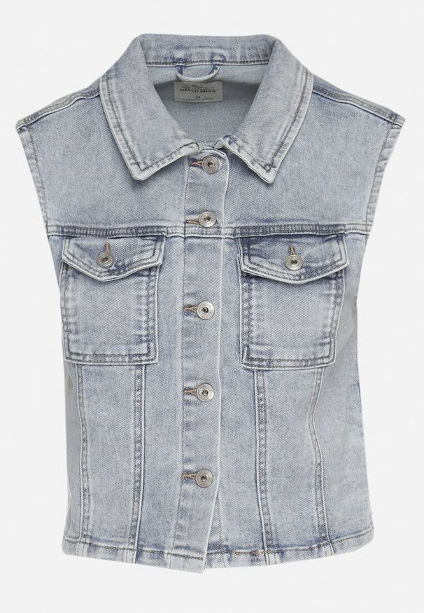 Born2be - Jasnoniebieska Bawełniana Jeansowa Kamizelka z Ozdobnymi Kieszeniami Yasmio. Okazja: na co dzień. Kolor: niebieski. Materiał: bawełna, jeans. Styl: casual