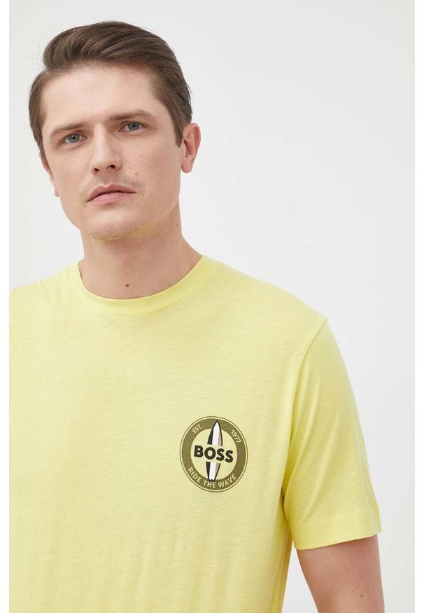 BOSS t-shirt 50469499 męski kolor żółty z nadrukiem. Kolor: żółty. Materiał: skóra, włókno. Wzór: nadruk