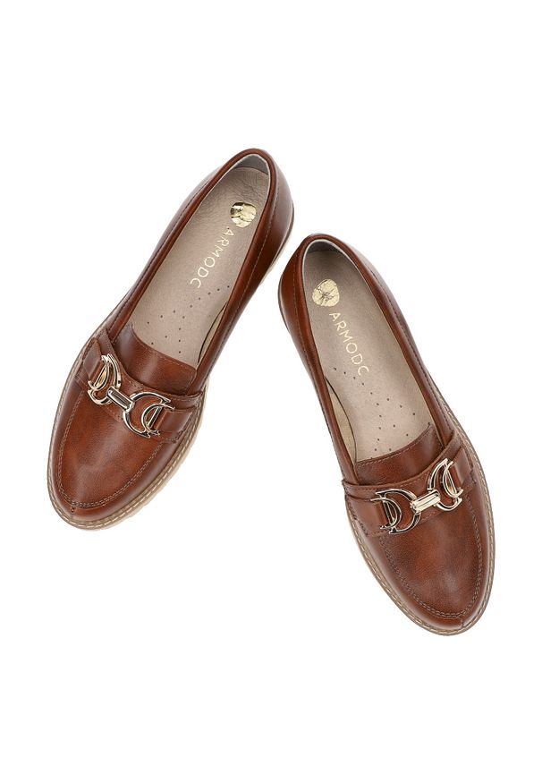 Brązowe Półbuty Armodo Eleganckie Mokasyny Damskie. Okazja: na co dzień. Kolor: brązowy. Materiał: skóra. Styl: elegancki