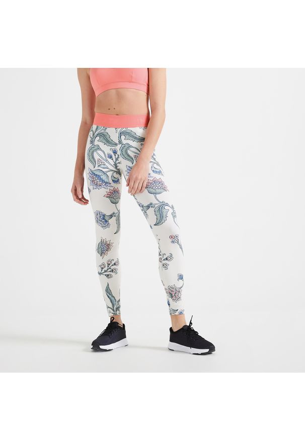 DOMYOS - Legginsy fitness damskie Domyos. Stan: podwyższony. Kolor: różowy, biały, wielokolorowy. Materiał: elastan, poliester, materiał. Sport: fitness
