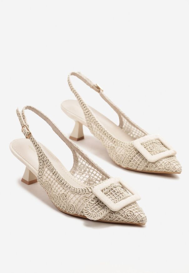 Renee - Beżowe Sandały na Kaczuszce Typu Slingback Ozdobione Plecionką i Klamrą Elivrella. Zapięcie: klamry. Kolor: beżowy. Wzór: aplikacja. Obcas: na szpilce. Styl: elegancki, klasyczny