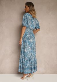 Renee - Niebieska Rozkloszowana Sukienka z Bawełny Zdobiona Wzorem Paisley Folitea. Typ kołnierza: dekolt w serek. Kolor: niebieski. Materiał: bawełna. Wzór: paisley, aplikacja. Sezon: wiosna #2