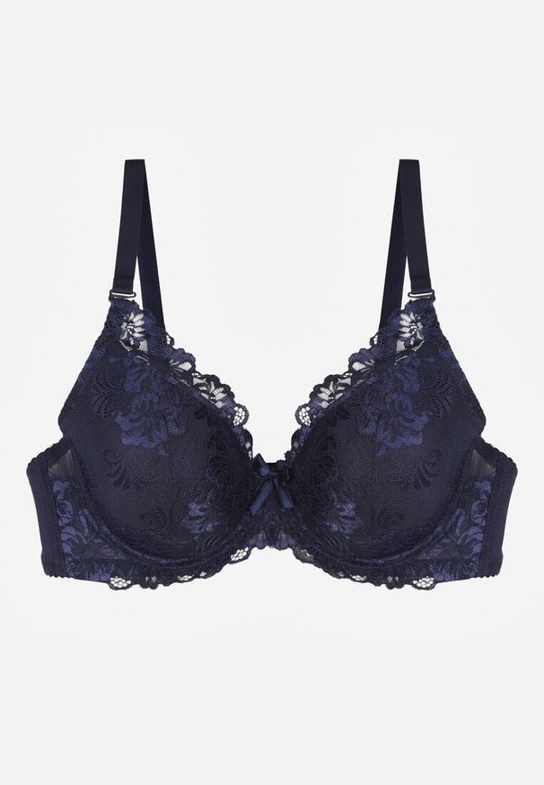 Born2be - Granatowy Klasyczny Biustonosz Zdobiony Koronką Idarodia. Kolor: niebieski. Materiał: koronka. Wzór: aplikacja, koronka