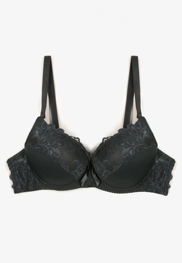 Born2be - Ciemnozielony Biustonosz Push Up z Koronkowym Wzorem Lanovinea. Kolor: zielony. Materiał: koronka. Rodzaj stanika: push-up. Wzór: koronka