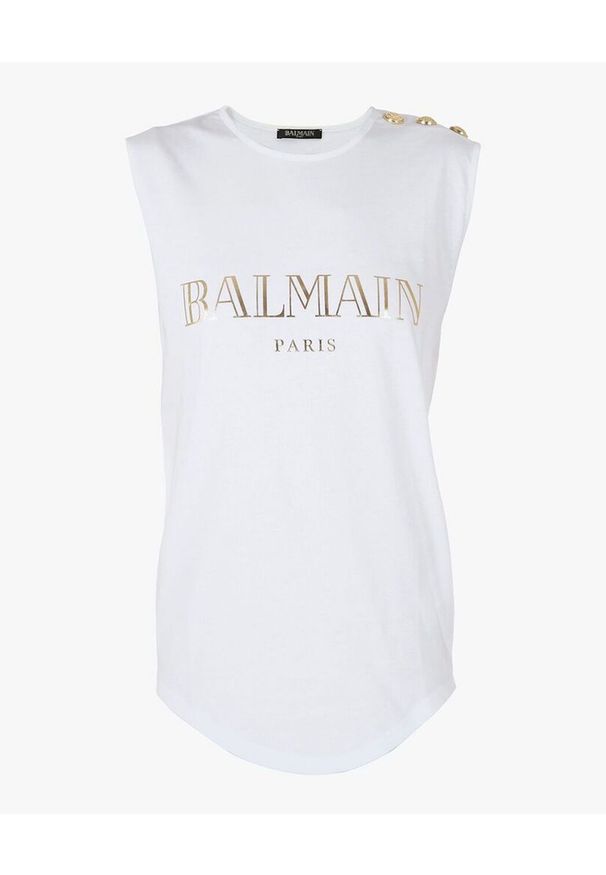 Balmain - BALMAIN - Top z logo. Kolor: biały. Materiał: materiał. Styl: elegancki