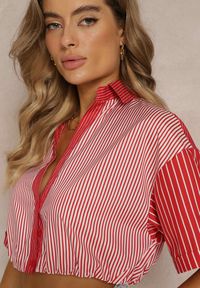 Renee - Czerwona Bluzka Krótka w Stylu Retro na Guziki Ozdobiona Paskami Fito. Kolor: czerwony. Długość rękawa: krótki rękaw. Długość: krótkie. Wzór: aplikacja. Styl: retro #4