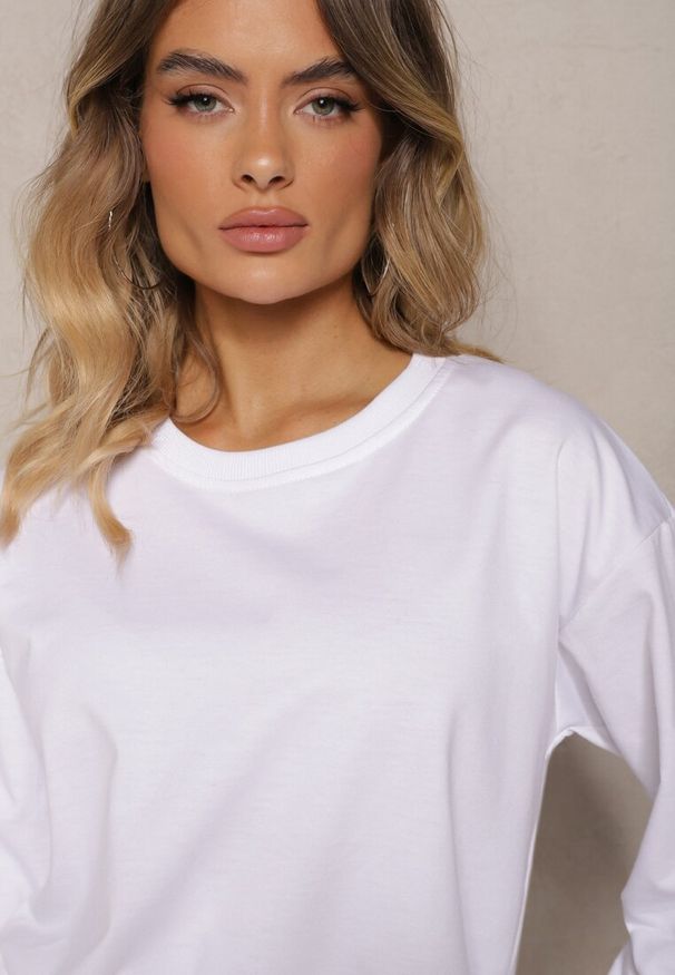 Renee - Biała Bluza z Bawełną ze Ściągaczami przy Rękawach i w Pasie Alberia. Kolor: biały. Materiał: bawełna. Długość rękawa: długi rękaw. Długość: długie