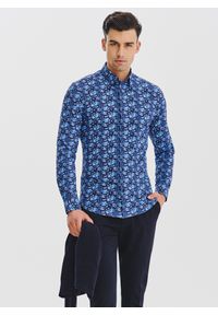 Pako Lorente - PAKO LORENTE – Granatowa dzianinowa koszula w kwiaty. Kolor: niebieski. Materiał: dzianina. Długość rękawa: długi rękaw. Długość: długie. Wzór: kwiaty #10