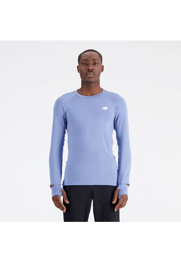 Koszulka męska New Balance MT33284MYL – niebieska. Kolor: niebieski. Materiał: wiskoza, skóra, materiał, tkanina, poliester. Długość rękawa: długi rękaw. Długość: długie. Sport: fitness