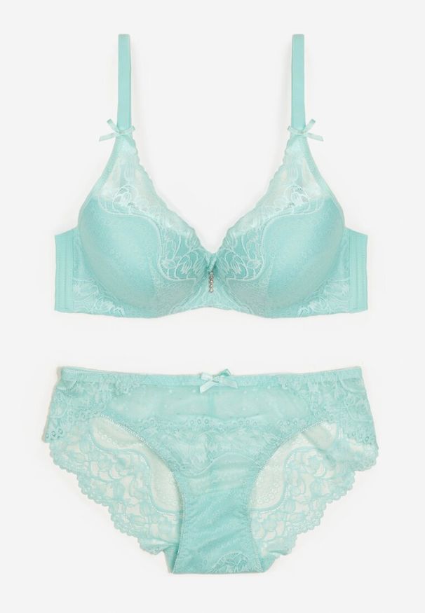 Born2be - Miętowy Komplet z Ozdobnej Koronki Biustonosz Full Cup i Majtki Figi Afisa. Kolor: miętowy. Materiał: koronka. Wzór: koronka