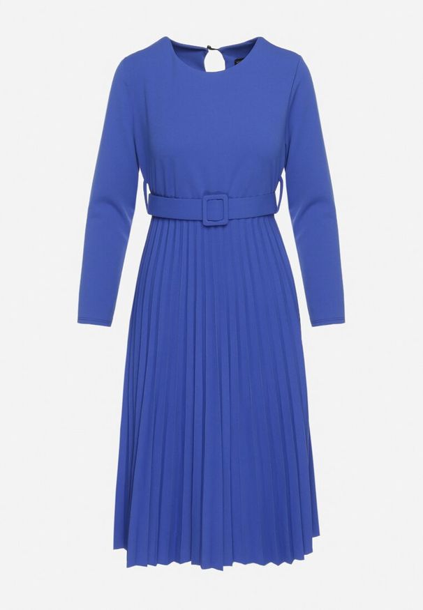 Born2be - Granatowa Sukienka Midi z Plisowaną Spódnicą i Paskiem Ondinetta. Kolor: niebieski. Długość rękawa: długi rękaw. Sezon: wiosna, lato. Styl: elegancki. Długość: midi