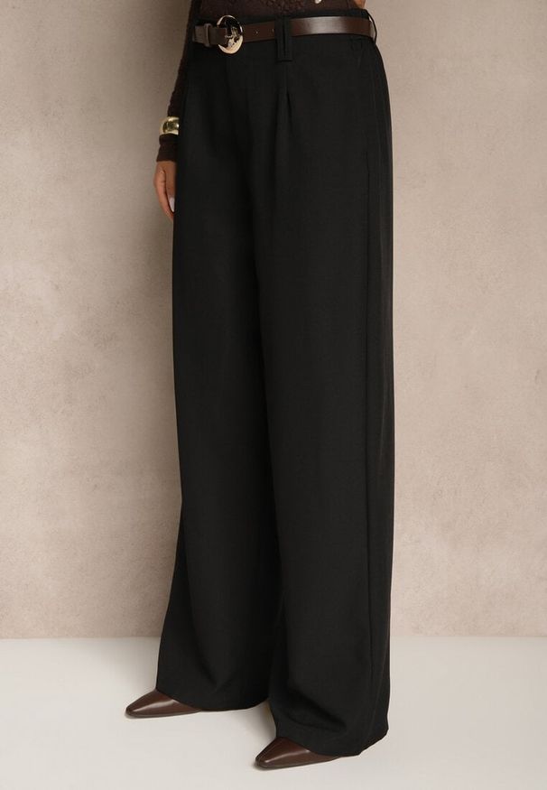 Renee - Czarne Garniturowe Spodnie Wide Leg z Dodatkowym Paskiem Cintriane. Stan: podwyższony. Kolor: czarny. Styl: elegancki