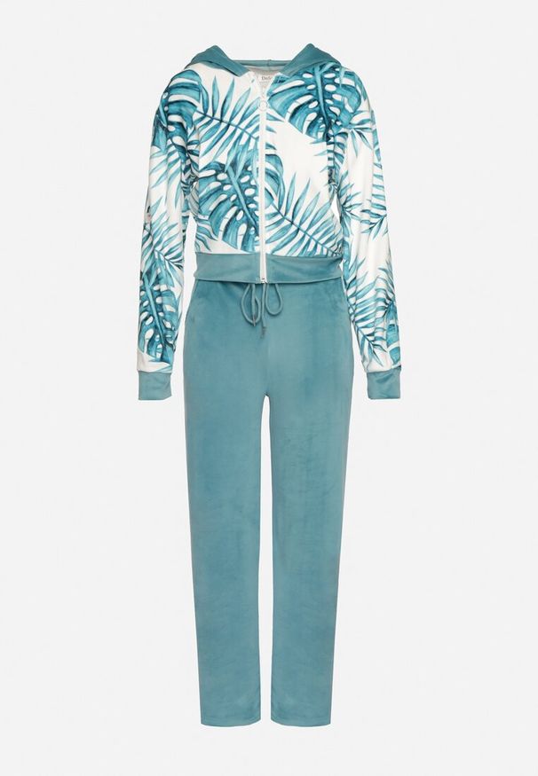 Born2be - Miętowy Welurowy Komplet Dresowy Bluza z Florystycznym Printem i Szerokie Spodnie Taniussa. Kolor: miętowy. Materiał: dresówka, welur. Wzór: nadruk