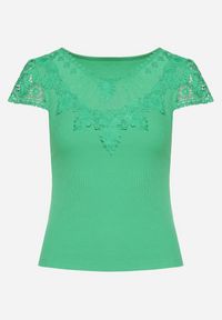 Born2be - Zielony T-shirt Koszulka z Ozdobną Koronkową Wstawką Clilada. Okazja: na co dzień. Kolor: zielony. Materiał: koronka. Styl: casual, elegancki #5