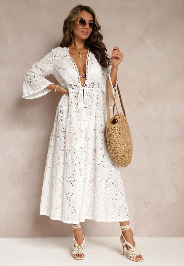 Renee - Biały Ażurowy Kardigan Plażowy Narzutka w Stylu Boho Eleany. Okazja: na plażę. Kolor: biały. Wzór: ażurowy. Styl: boho