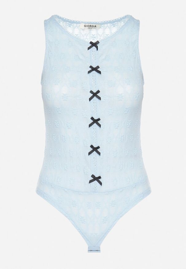 Born2be - Niebieskie Body Ozdobione Kokardkami Ovilene. Okazja: na co dzień. Typ kołnierza: kokarda. Kolor: niebieski. Materiał: jeans. Wzór: aplikacja. Styl: klasyczny, casual