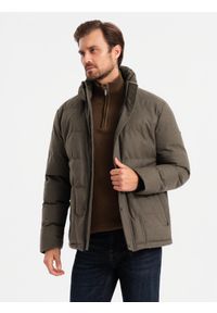Ombre Clothing - Męska kurtka casualowa puffer z wełną – ciemnooliwkowy melanż V4 - Rozmiar: M. Okazja: na co dzień. Typ kołnierza: kołnierzyk stójkowy. Kolor: oliwkowy. Materiał: wełna. Długość: długie. Wzór: melanż. Styl: casual