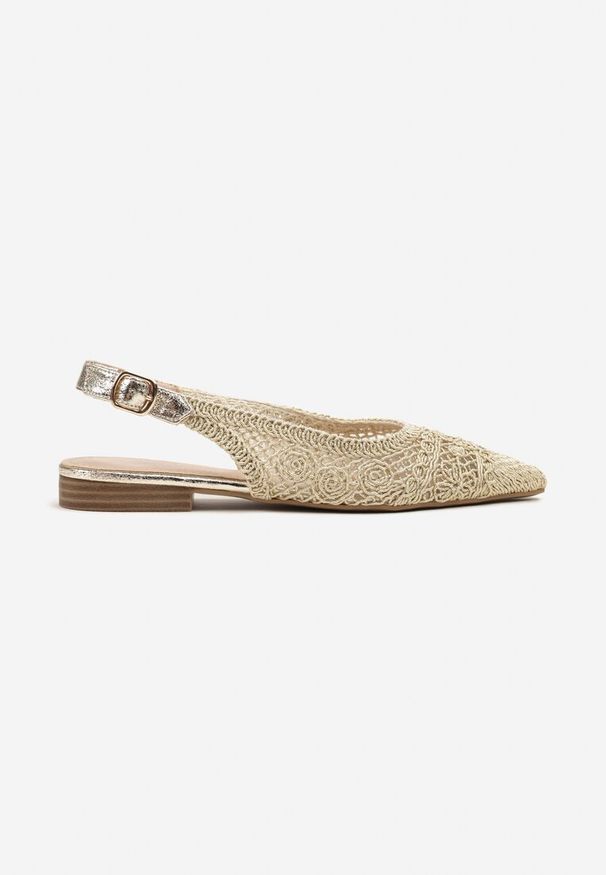 Renee - Złote Sandały Slingback z Szydełkową Cholewką i Szpiczastym Noskiem Ifflore. Okazja: na co dzień. Nosek buta: szpiczasty. Zapięcie: sprzączka. Kolor: złoty. Sezon: lato, wiosna. Obcas: na płaskiej podeszwie. Styl: elegancki, casual