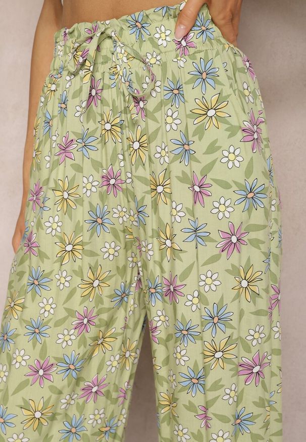 Renee - Jasnozielone Szerokie Spodnie z Bawełny z Gumką w Talii Axnalia. Kolor: zielony. Materiał: bawełna. Sezon: lato. Styl: elegancki