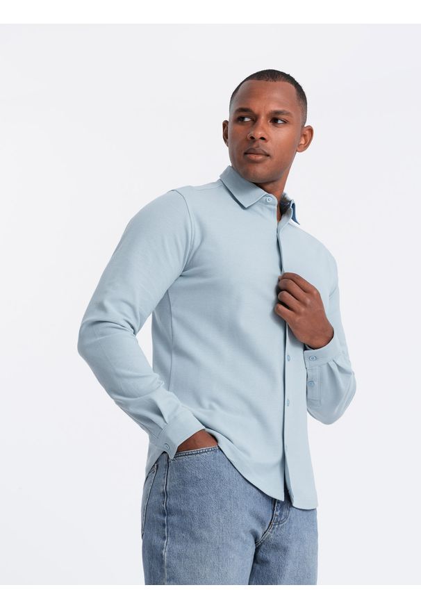 Ombre Clothing - Męska dzianinowa koszula SLIM FIT z długim rękawem – błękitna V3 - Rozmiar: S. Kolor: niebieski. Materiał: dzianina. Długość rękawa: długi rękaw. Długość: długie
