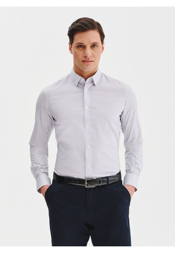 Pako Lorente - Biała koszula męska w mikrowzór. Kolor: biały. Materiał: bawełna, elastan. Długość rękawa: długi rękaw. Długość: długie