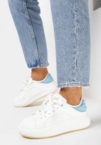 Born2be - Biało-Niebieskie Sneakersy na Platformie Rammes. Nosek buta: okrągły. Zapięcie: sznurówki. Kolor: biały. Materiał: materiał. Obcas: na platformie. Wysokość obcasa: niski #4