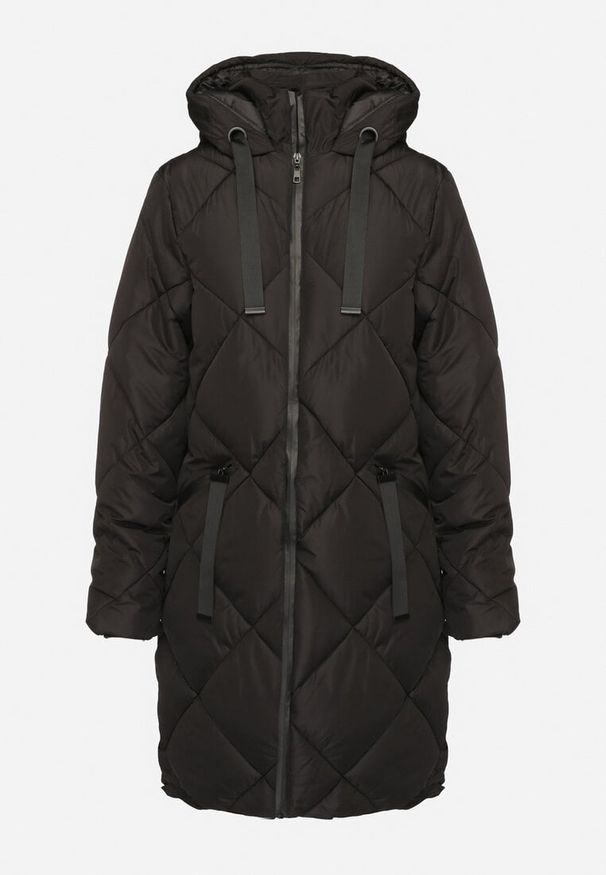 Born2be - Czarna Kurtka z Kapturem i Kieszeniami w Kraciaste Pikowane Przeszycia Ettaline. Okazja: na co dzień. Typ kołnierza: kaptur. Kolor: czarny. Materiał: jeans. Styl: casual, elegancki, sportowy, klasyczny