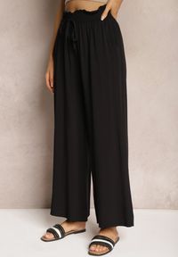 Renee - Czarne Spodnie Palazzo High Waist z Bawełny Wykończone Gumką w Talii Nellsea. Okazja: na co dzień. Stan: podwyższony. Kolor: czarny. Materiał: bawełna. Styl: elegancki, casual #5
