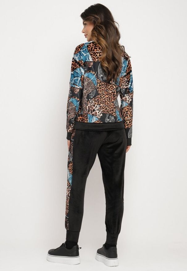 Born2be - Czarno-Beżowy Welurowy Komplet Dresowy w Panterkę Bluza i Spodnie z Lampasami oraz Gumką w Pasie Ivalethe. Kolor: czarny. Materiał: welur, dresówka. Wzór: motyw zwierzęcy