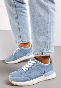 Renee - Niebieskie Sznurowane Sneakersy z Jeansowymi Wstawkami Greha. Okazja: na co dzień. Kolor: niebieski. Materiał: jeans #5
