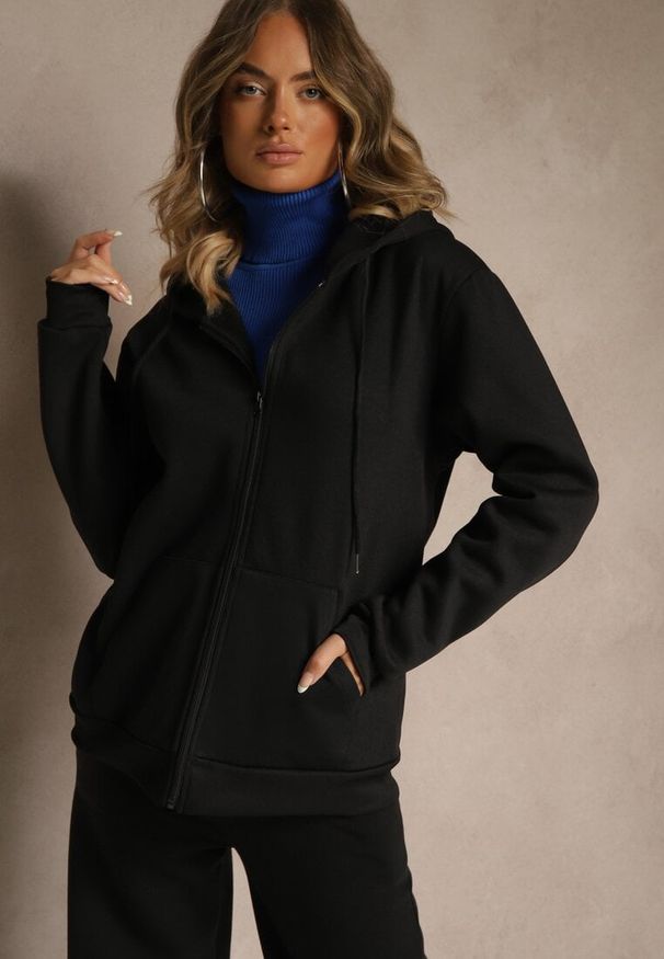 Renee - Czarna Bluza Rozpinana z Kapturem z Bawełną Ozdobiona Sznurkami Odiola. Okazja: na co dzień. Typ kołnierza: kaptur. Kolor: czarny. Materiał: bawełna. Wzór: aplikacja. Styl: sportowy, casual