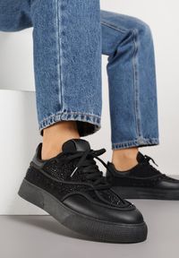 Born2be - Czarne Sneakersy na Grubej Podeszwie z Cyrkoniami Catith. Okazja: na co dzień. Kolor: czarny. Materiał: jeans #3