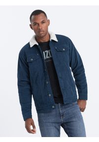 Ombre Clothing - Kurtka męska sztruksowa typu sherpa - granatowa V8 - Rozmiar: L. Kolor: niebieski. Materiał: sztruks. Sezon: jesień, zima. Styl: klasyczny #1