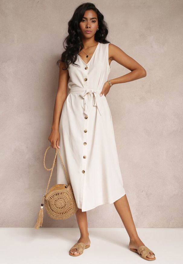 Renee - Beżowa Trapezowa Sukienka Midi bez Rękawów z Wiązanym Paskiem Ajana. Kolor: beżowy. Materiał: materiał. Długość rękawa: bez rękawów. Typ sukienki: trapezowe. Długość: midi