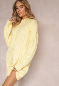 Renee - Żółty Długi Sweter o Luźnym Kroju z Warkoczykowym Splotem Penerria. Kolor: żółty. Długość: długie. Wzór: ze splotem. Sezon: jesień, zima #4